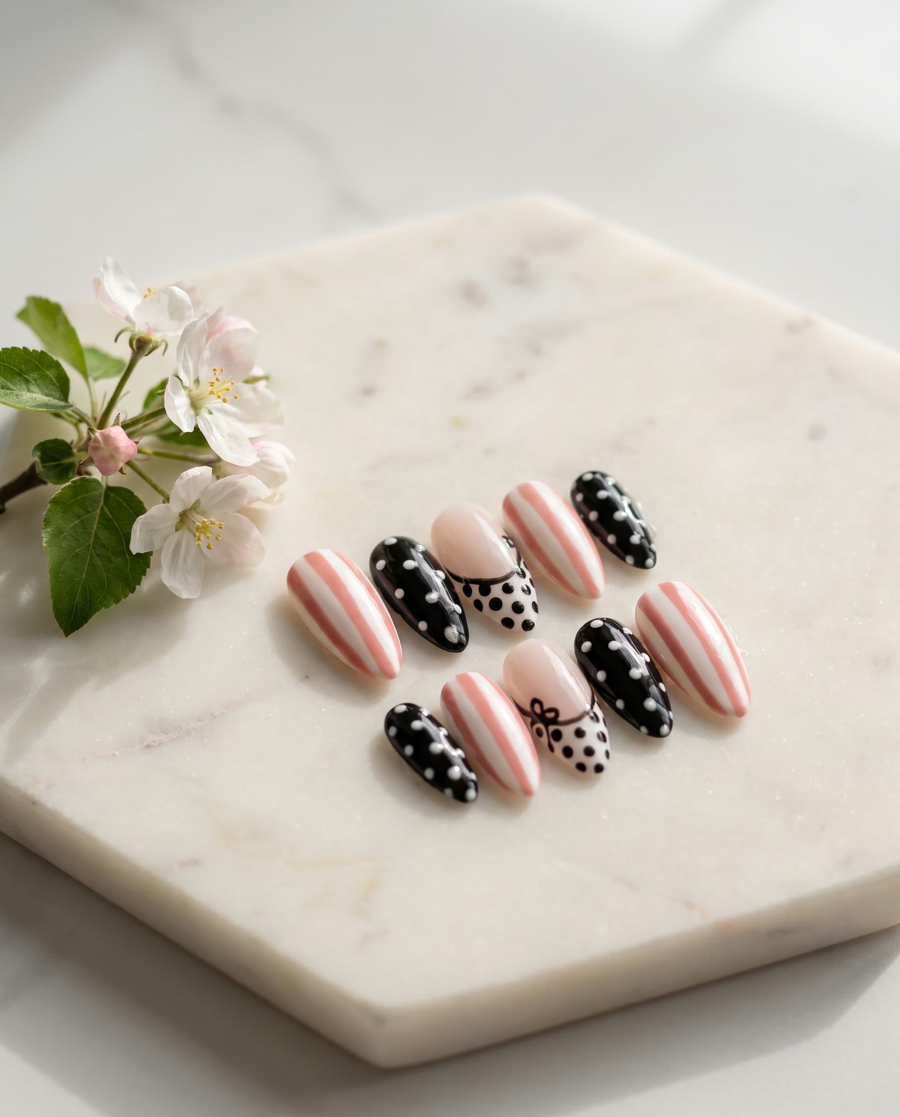 Candy Dot — Peach candy stripes and black polka dots, styled in graphic monochrome silk