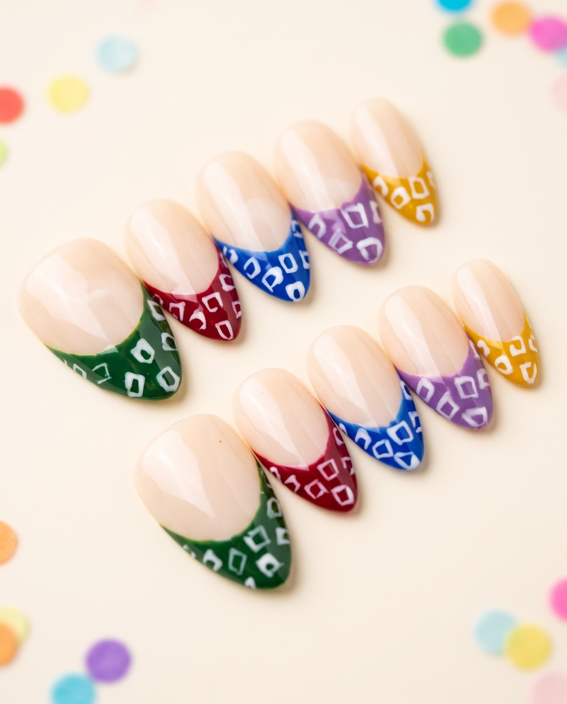 Bandhani Bloom — Ivory French base with a different colored, patterned tip on every nail