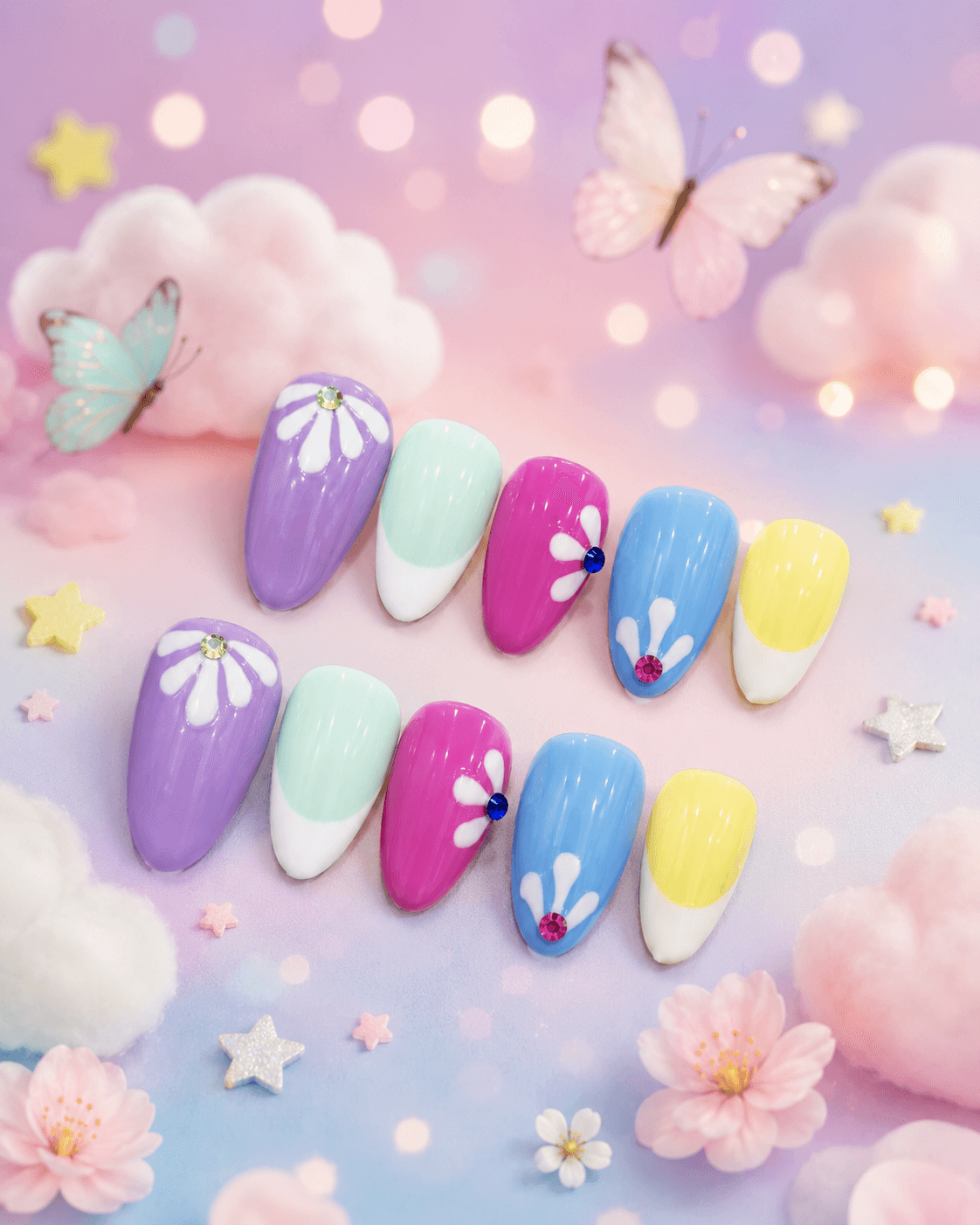 Cotton candy bloom — Pastel daisy nails in lilac, mint, pink, blue, and yellow with sparkly gem centers.