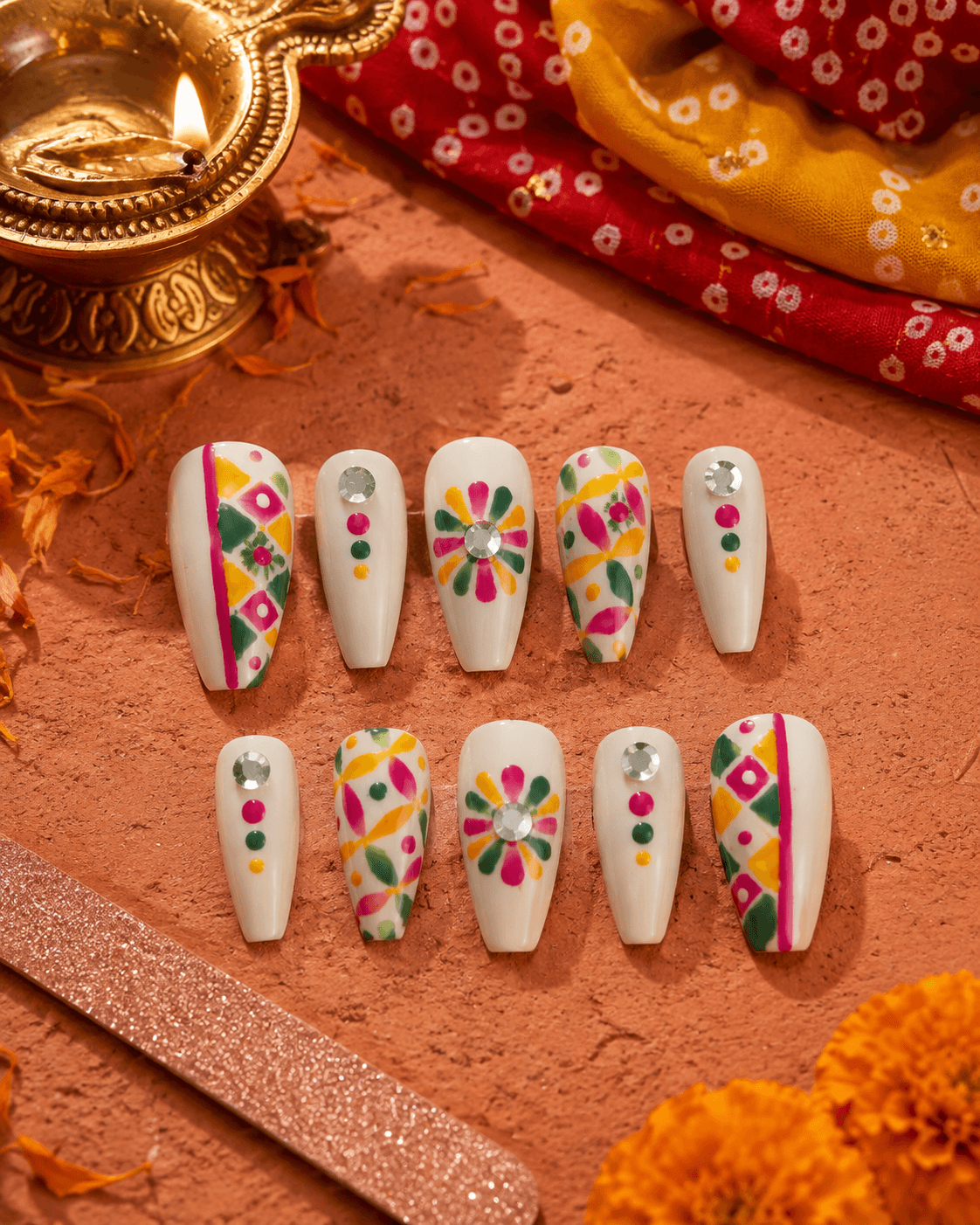 Festive Bloom — Hand-painted ethnic florals in pink, yellow, and green on a white base with sparkling rhinestones