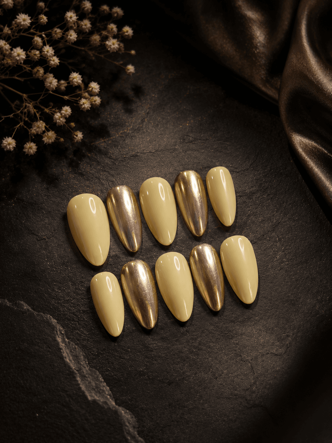 Golden Butter — Soft butter-yellow paired with mirror gold chrome