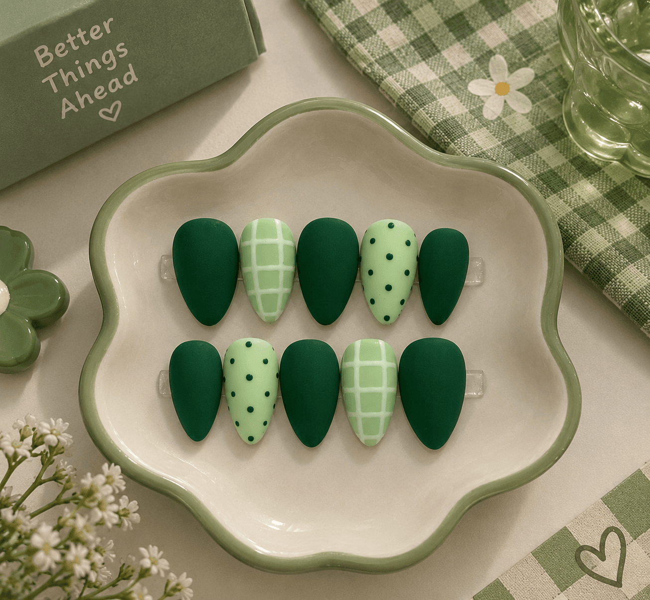 Green Gingham - M SIZE — Matte forest-green almond nails with mint gingham and polka dot accent nails.
