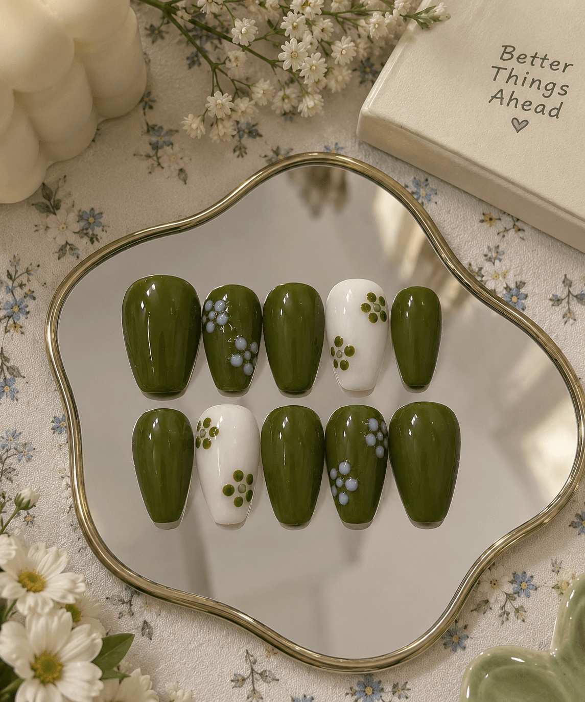 Olive Bloom - L size — Glossy olive-green nails with soft floral accents in white, olive, and milky white