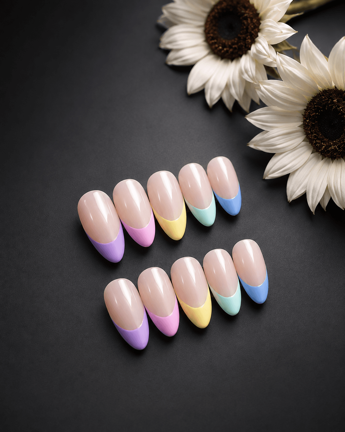 Pastel French — Nude base, rainbow pastel French tips