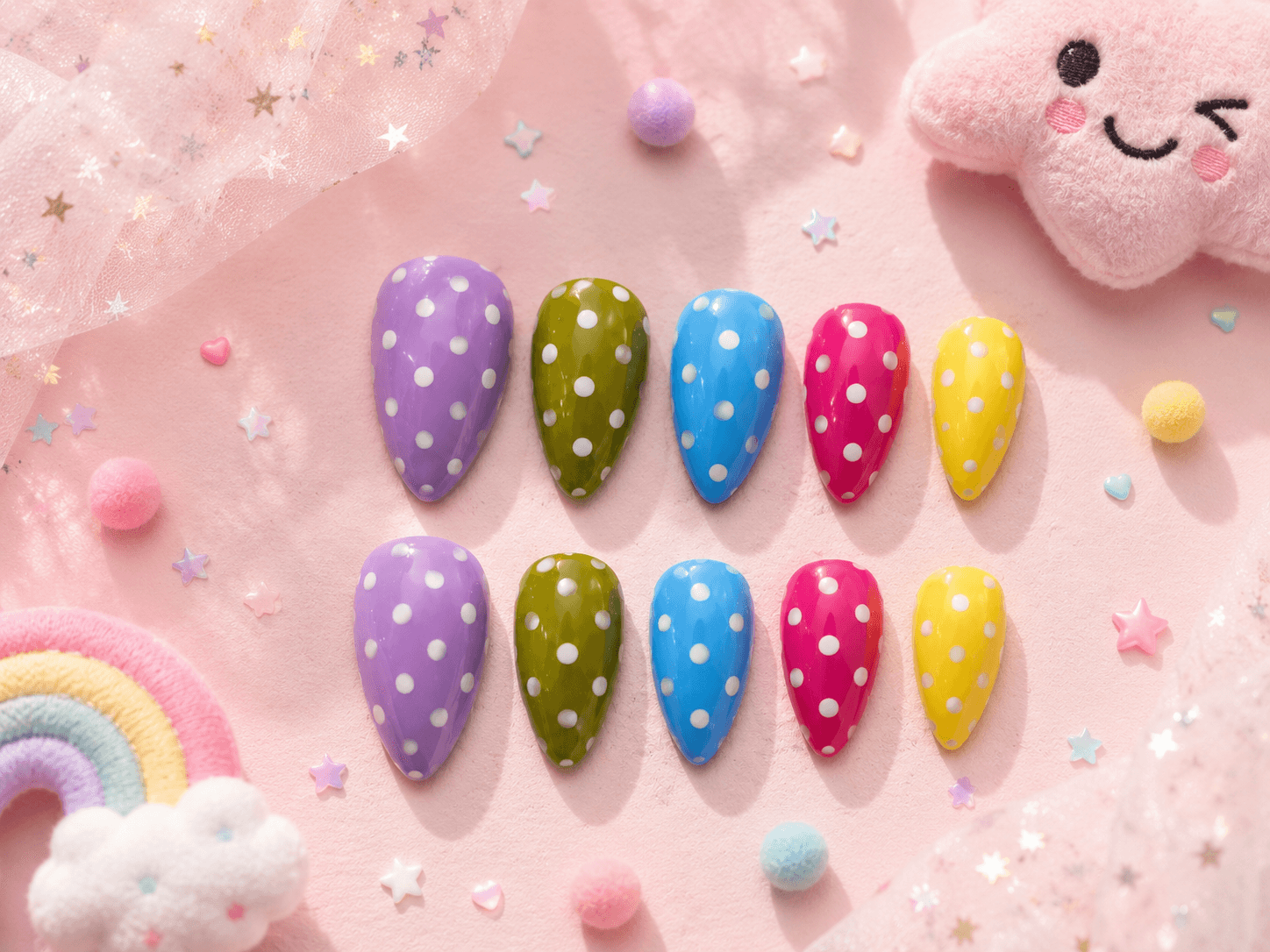 Rainbow Dot — Playful multicolor polka dot nails in purple, olive, blue, pink, and yellow.
