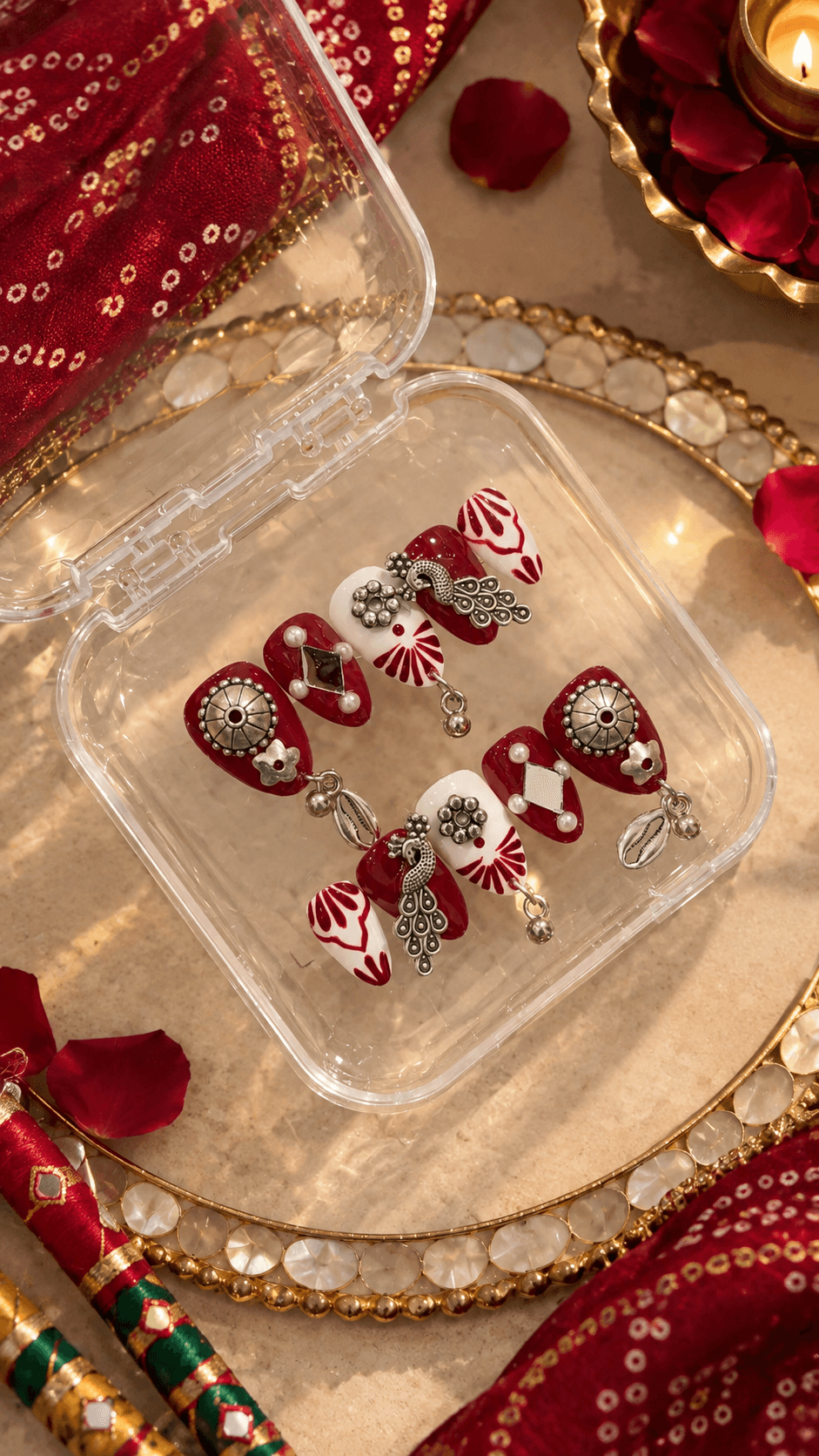Royal Mor Pankh — Deep red and white almond nails with 3D silver jewelry charms and a peacock motif.