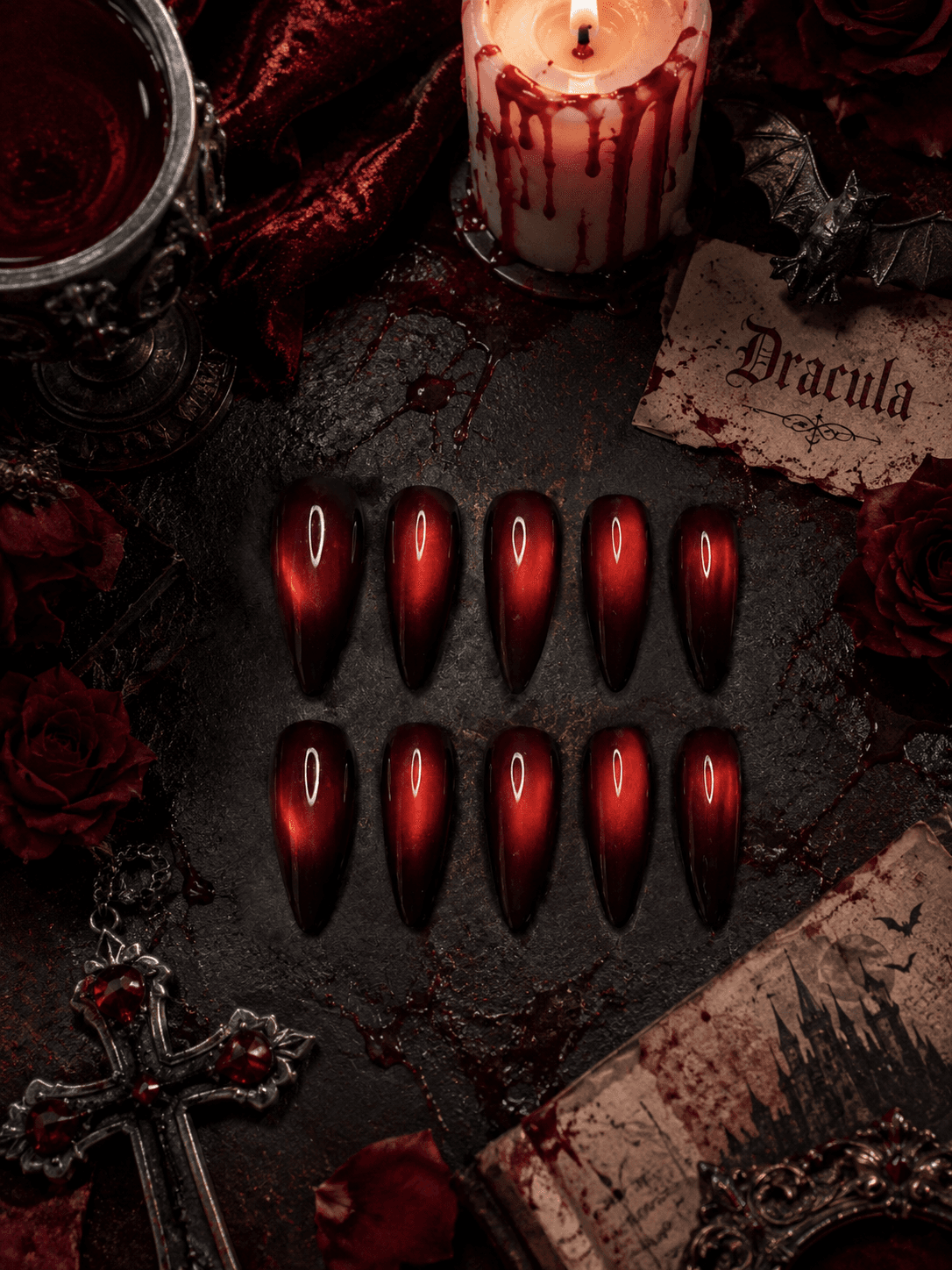 Vampy wine — Deep wine-to-black cat eye nails with a glossy jelly finish