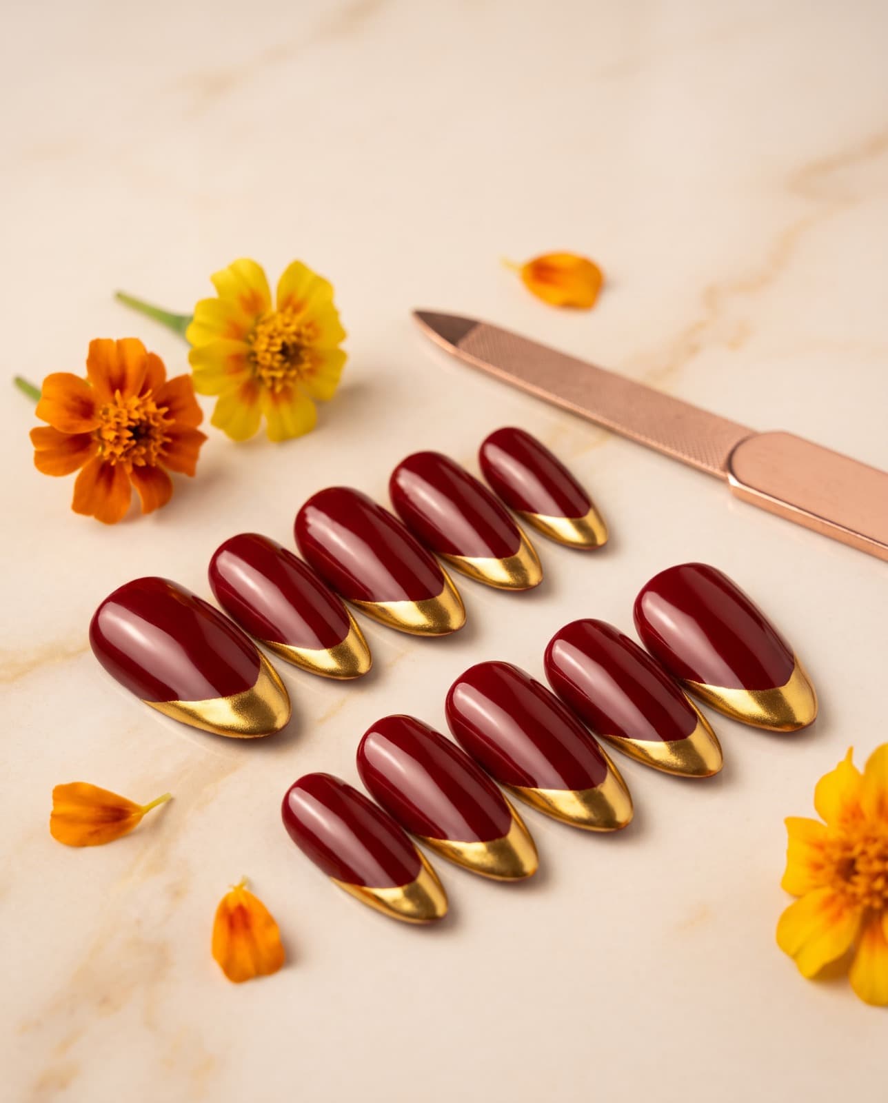 Wine & Gold — Deep wine-red nails with sleek gold-dipped tips